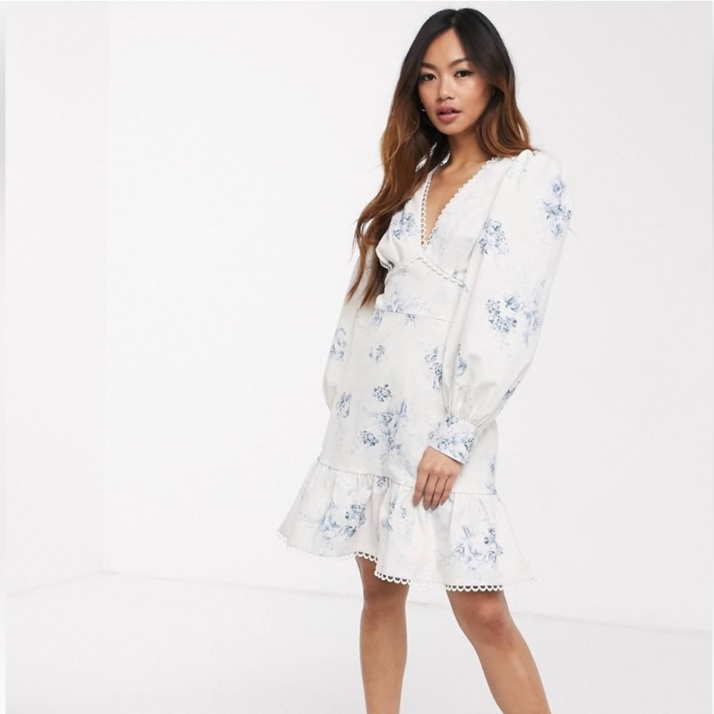 ASOS White and Blue Floral Long Sleeve Dress